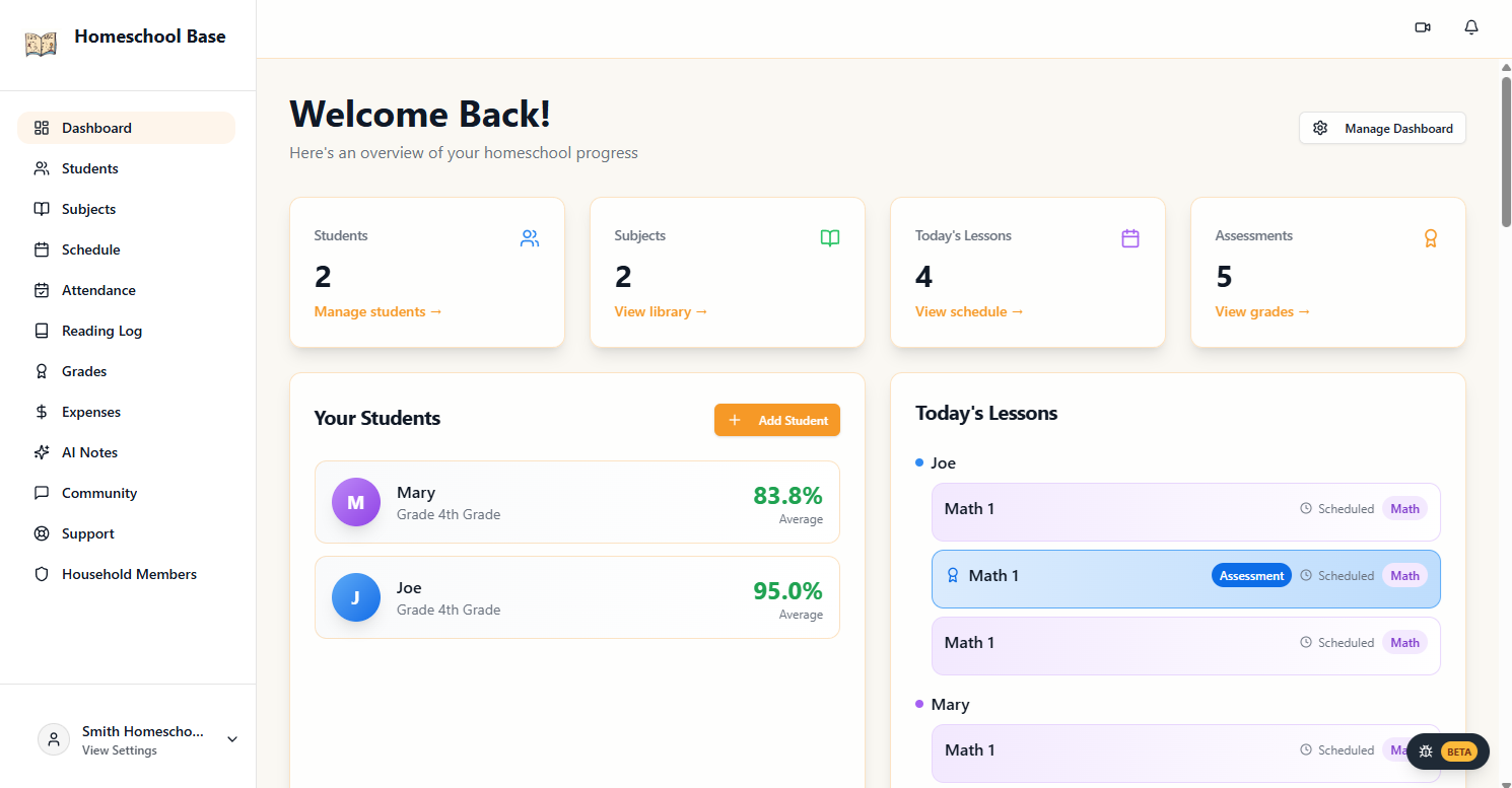 Homeschool Flex family dashboard and student progress tracker