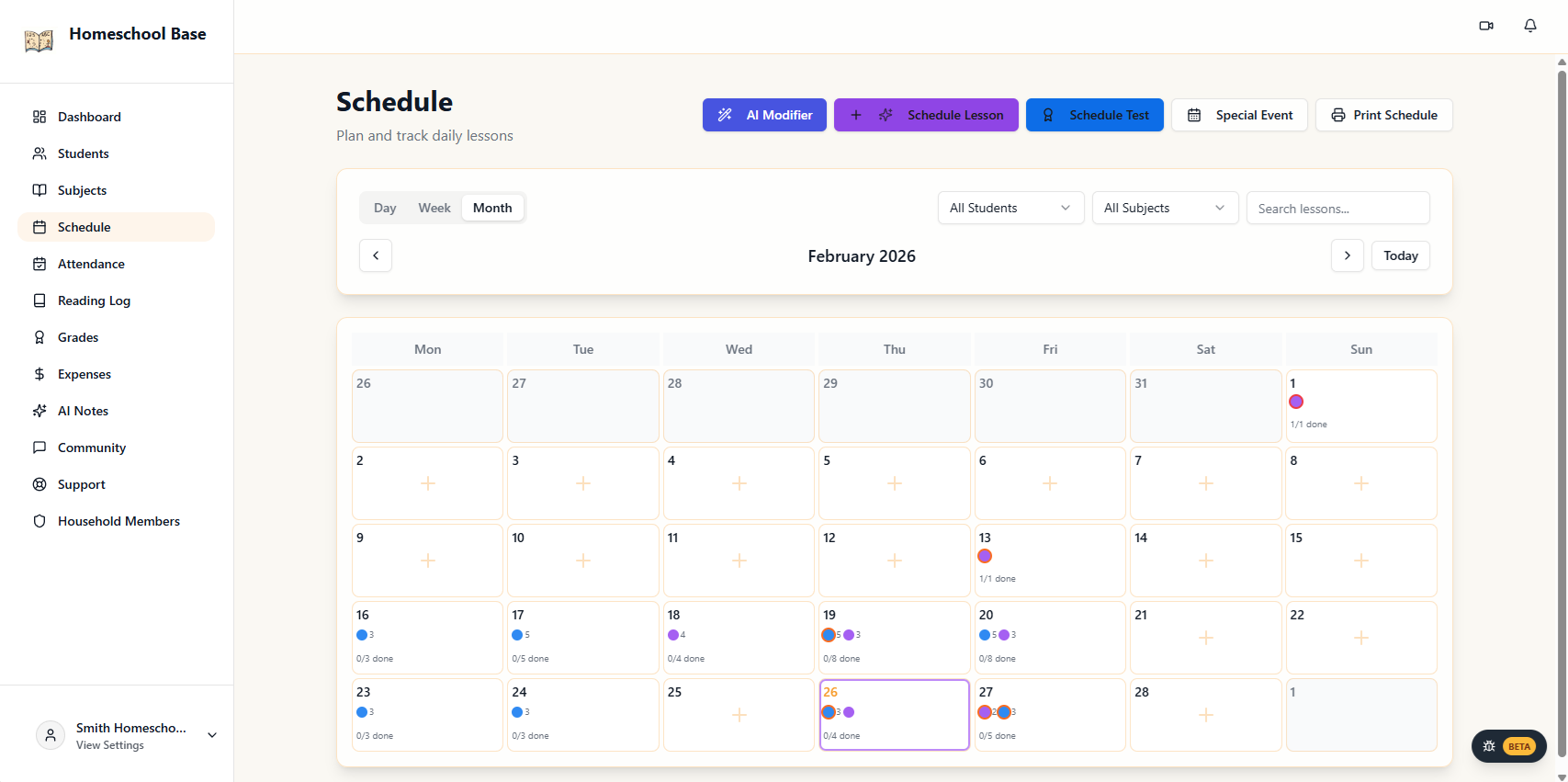 Flexible homeschool lesson scheduling and calendar view